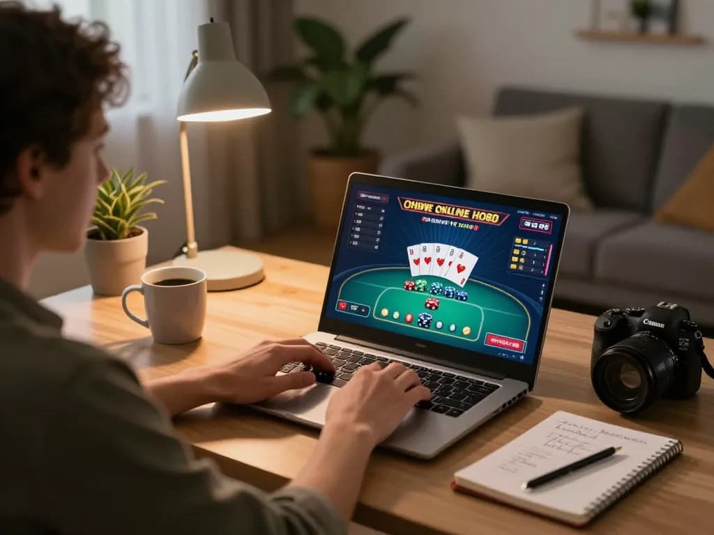 Enhance your strategy with HD88 online poker gameplay at home, showcasing focused player and cozy setup