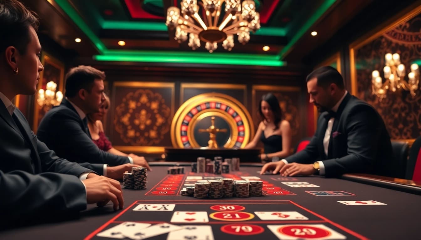Experience the thrill of 79king as players engage in a high-stakes blackjack game at a luxurious casino.