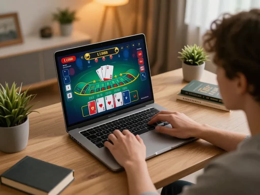 Engaged player using LU88's online gaming platform from their stylish home office