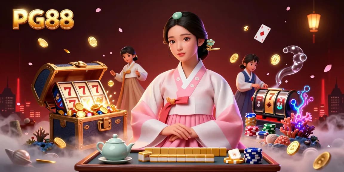 Engage in thrilling casino action with PG88 featuring a serene Asian woman and vibrant game elements.