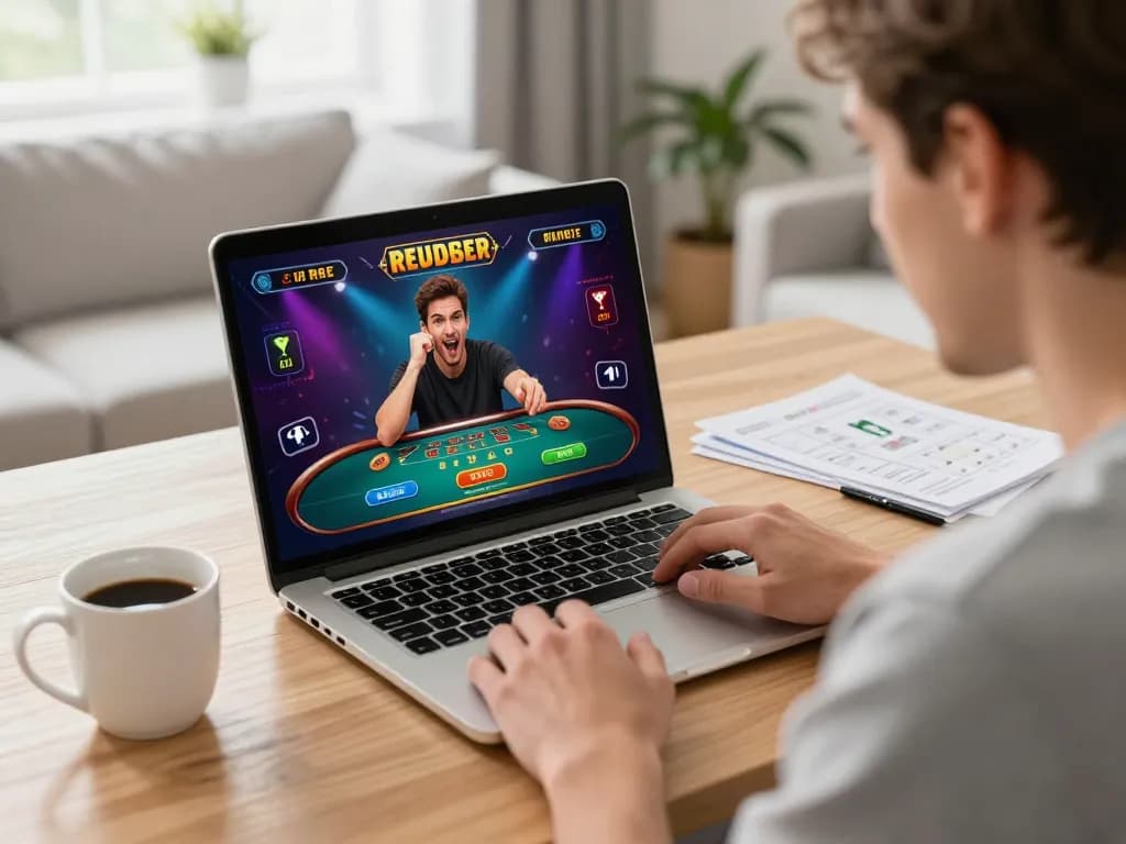 Player enjoying vin88lk online gaming on a laptop at home with strategy notes and coffee, focused atmosphere.