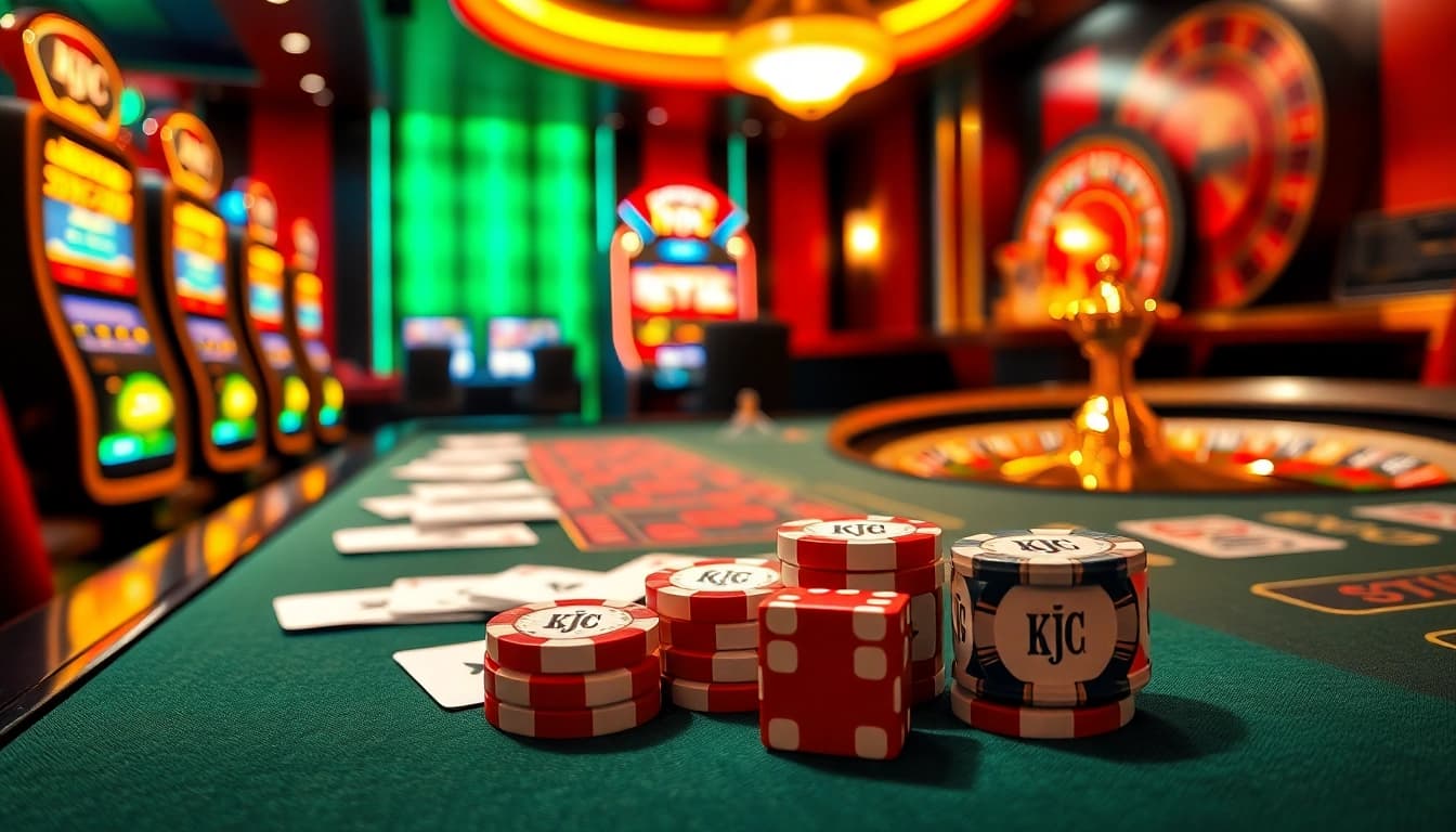 KJC poker table with vibrant chips and casino ambiance enhancing player excitement.