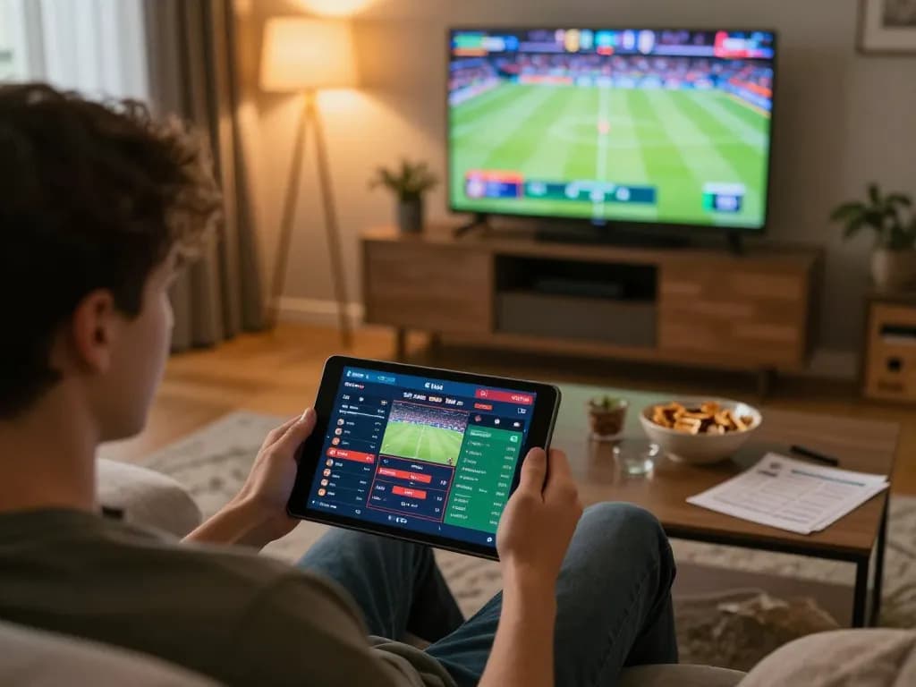 Engaged gamer placing sports bets on 11bet during a cozy home viewing party.