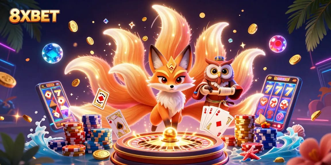 Experience the vibrant world of 8XBET with colorful characters and dynamic casino elements.