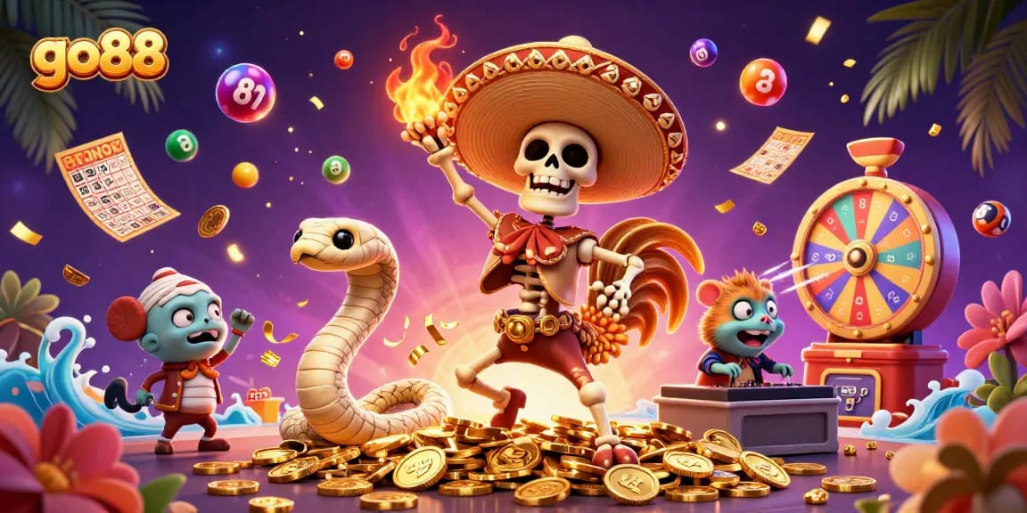 go88 illustrated scene with a dancing mariachi rooster and lottery elements showcasing excitement in gambling.