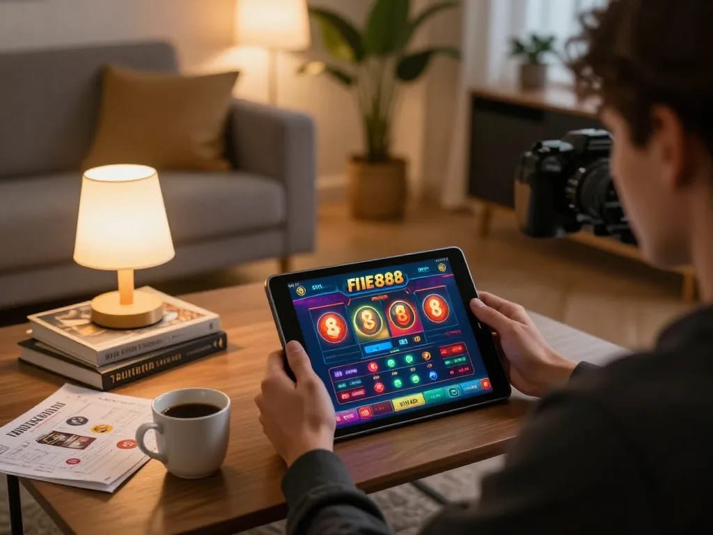 Player engaged in five88 online casino gaming on a tablet, showcasing a cozy and responsible gaming environment.