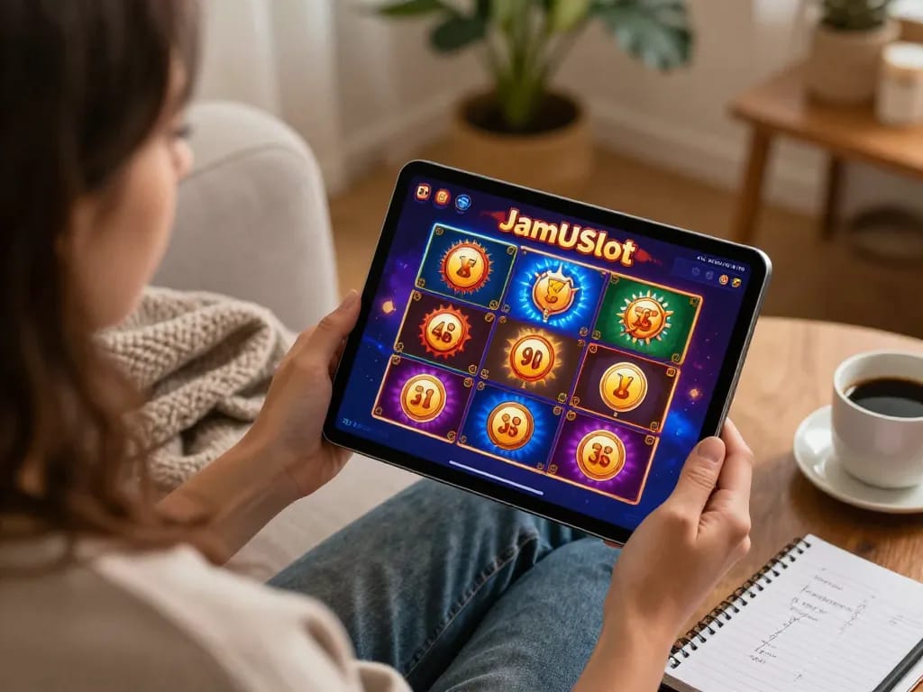Player spins on slot gacor 777 games using a tablet in a cozy home setting.