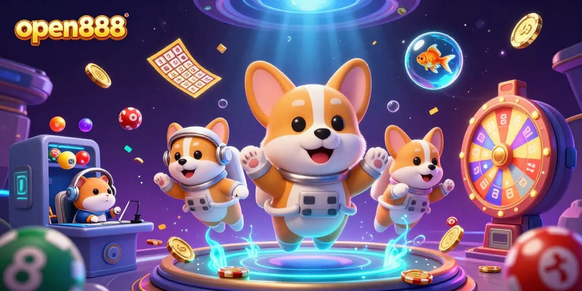 Experience thrilling gaming moments at open888 with floating lottery balls and vibrant casino elements.