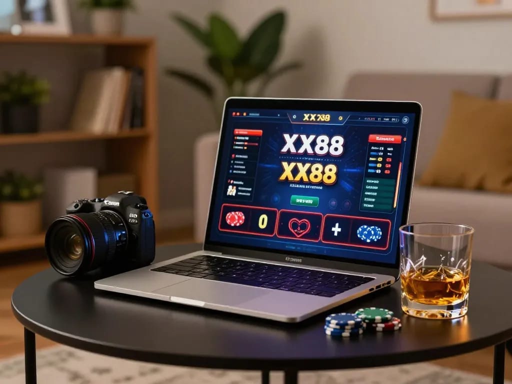Engaging with the XX88 online casino from a stylish home gaming setup on laptop