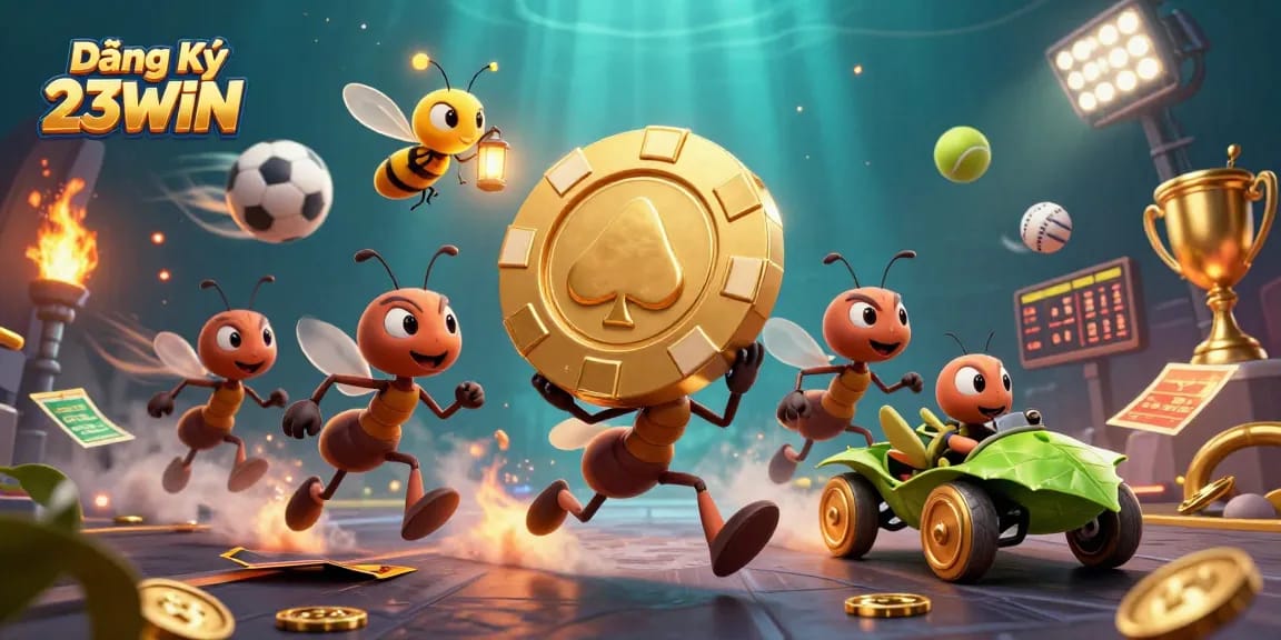 Engage in Đăng Ký 23WIN with exciting elements featuring a heist by animated ants, sports balls, and golden casino themes.