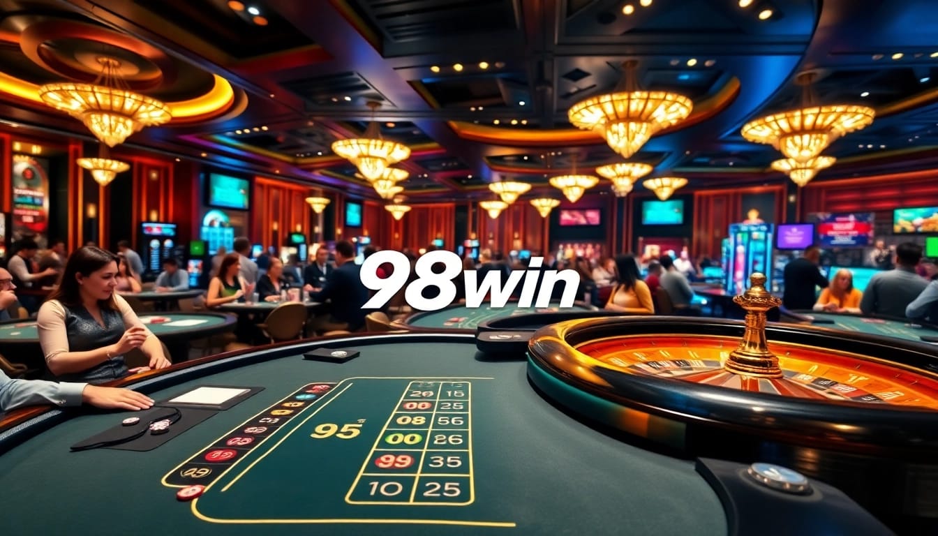 Gambling scene at 98win casino featuring blackjack tables, chips, and vibrant atmosphere.