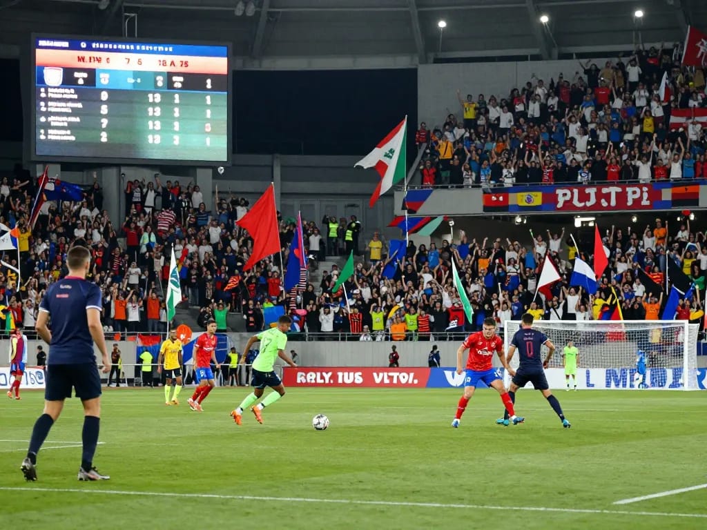 Exciting football match showcasing action with dynamic players and enthusiastic fans, emphasizing ฟุตบอล.