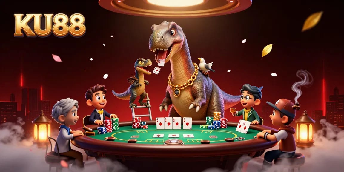 Experience the excitement of KU88 casino with a whimsical 3D illustration of a brontosaurus and clever raptor dealing cards.