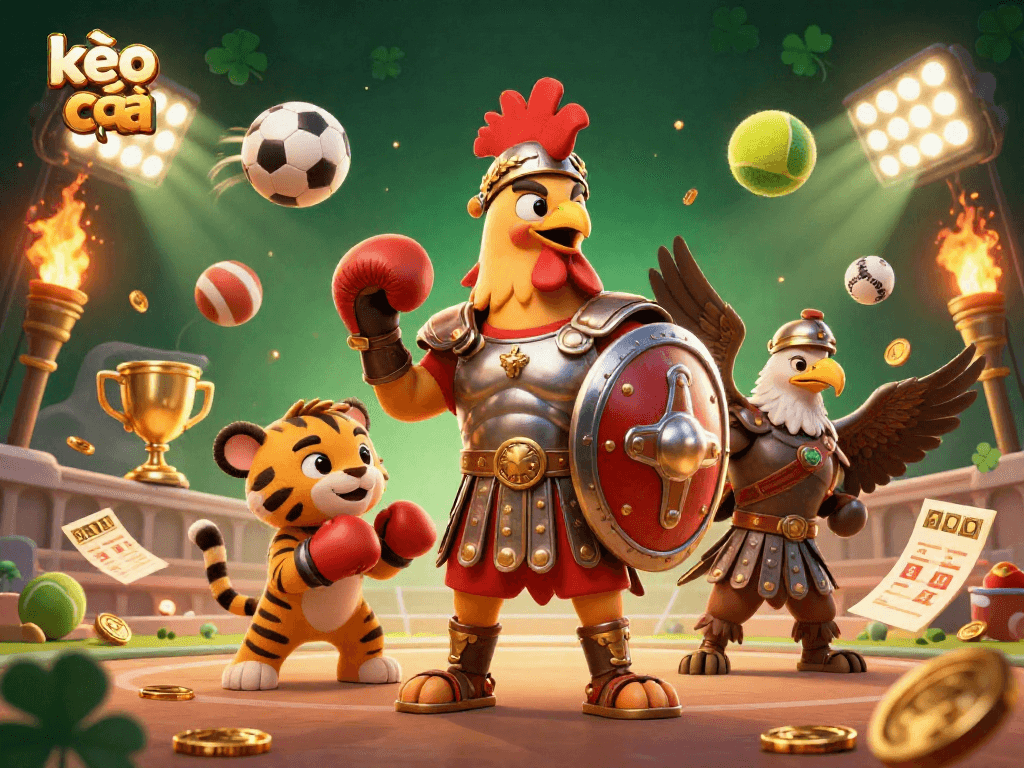 Engage with kèo nhà cái in a vibrant 3D scene featuring a gladiator rooster, tiger cub, and eagle, set in a dazzlingColosseum arena.