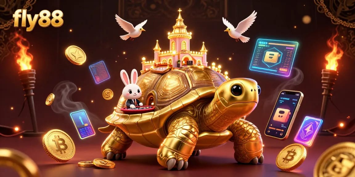 Experience the excitement of fly88 with a golden tortoise casino showcasing lively gaming action.