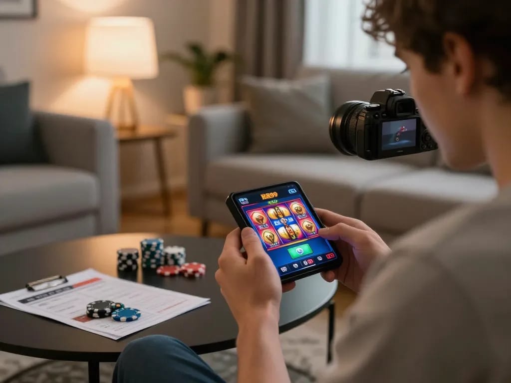 Player engaging with RR99 casino app on smartphone in a cozy living room setting