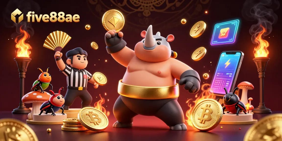Experience the excitement of five88ae where a beetle champion launches coins in a dynamic casino scene.