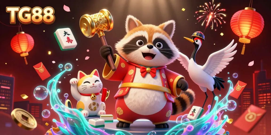TG88 showcases gambling excitement with a joyful tanuki, crane, and waving fortune cats surrounded by vibrant casino elements.