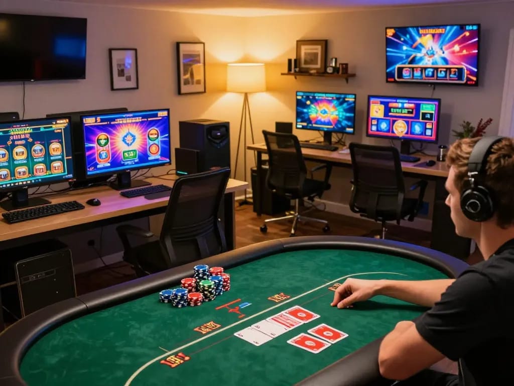VIN88 player engaging in dynamic online poker action at a stylish home gaming setup