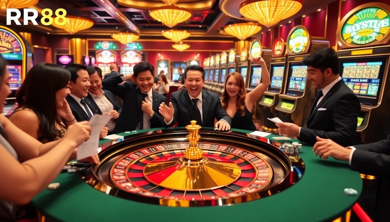 Players enjoying the thrill of victory at the RR88 casino with roulette and slot machines.