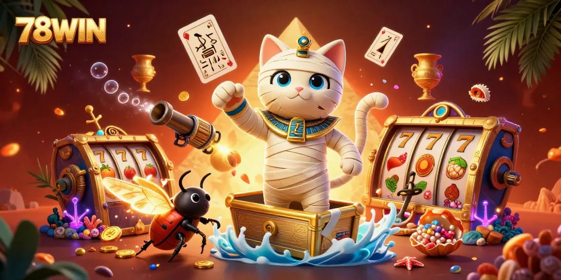 Engage in thrilling gameplay at 78WIN with a vibrant 3D depiction of a mummy cat and scarab beetle amidst casino excitement.