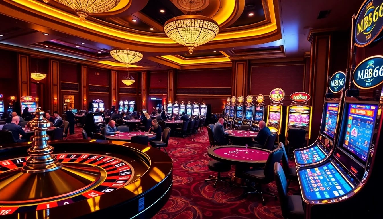 Players enjoying an exciting game at MB66 casino with vibrant tables and flashing lights.