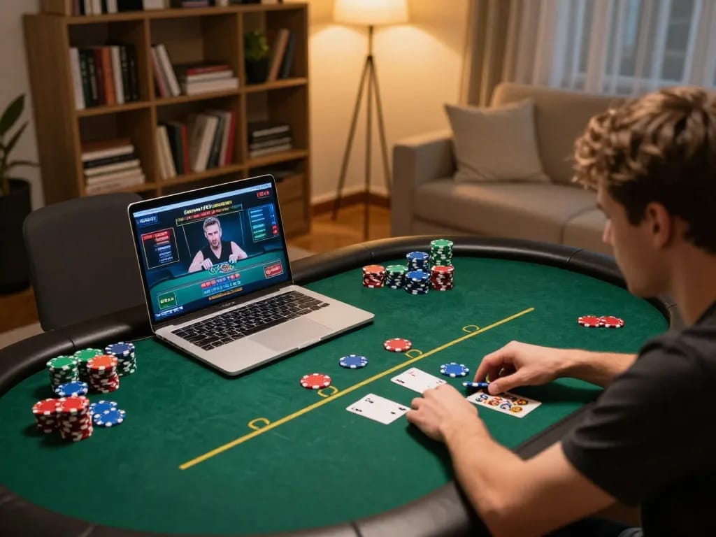 Player strategizing in an online poker game on a laptop, representing W88's engaging gaming experience.