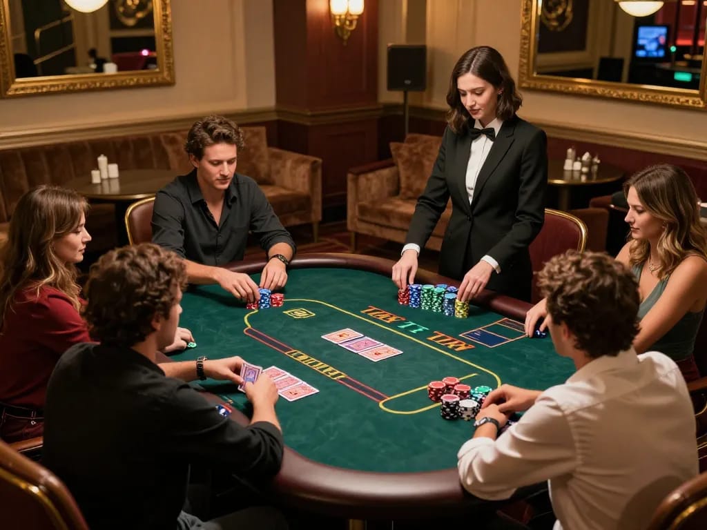 Bong88 players strategizing bets at a high-stakes poker table in a luxurious casino setting.