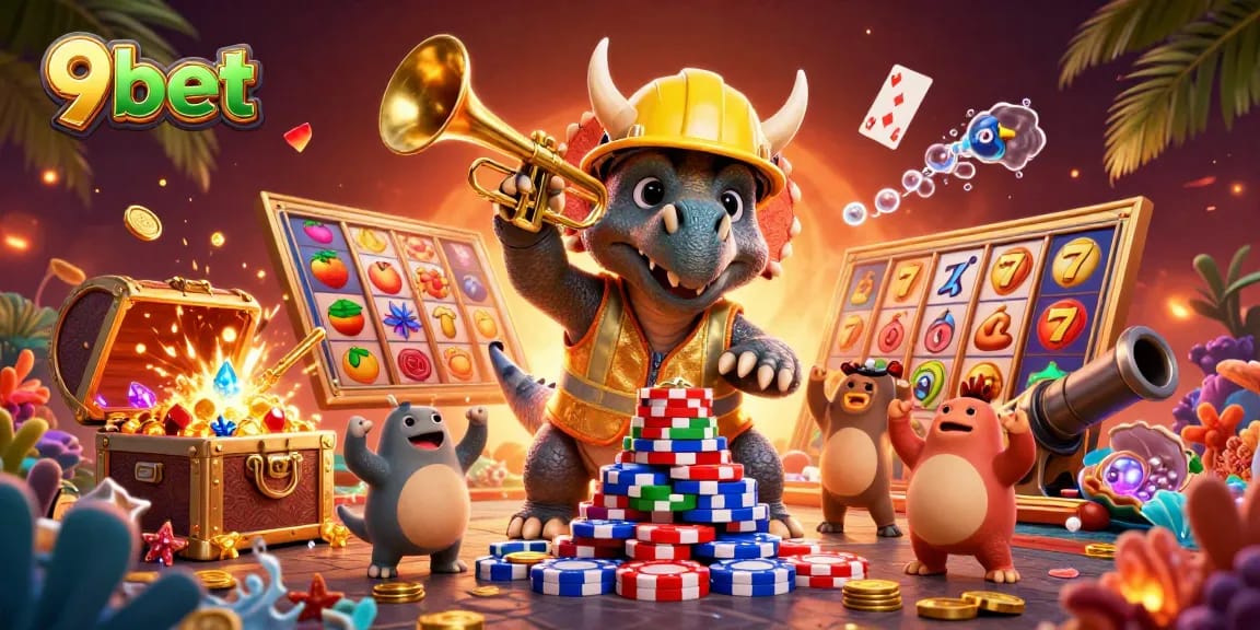 Engage with 9bet's vibrant casino world featuring cartoon characters and a pyramid of poker chips.