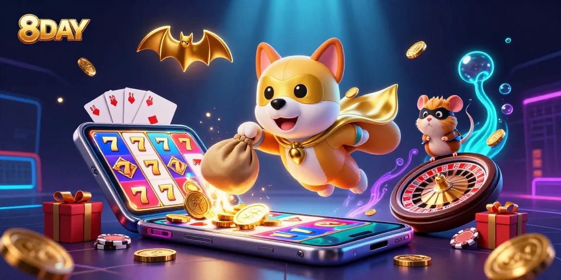 Engage with 8DAY's thrilling games and gold-filled action featuring a superhero dog and hamster.