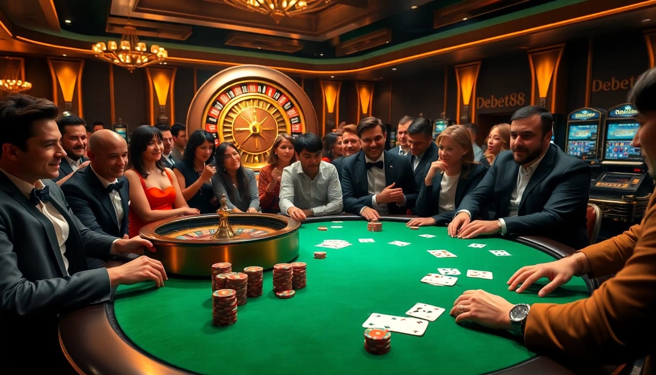 Players engaging at a Debet88 poker table, surrounded by vibrant casino atmosphere and excitement.