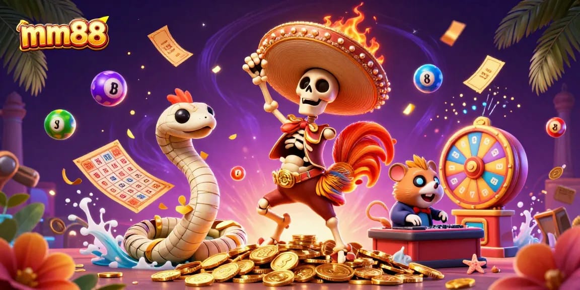 Experience excitement at mm88 with vibrant lottery-themed 3D illustration showcasing lively characters and game elements.