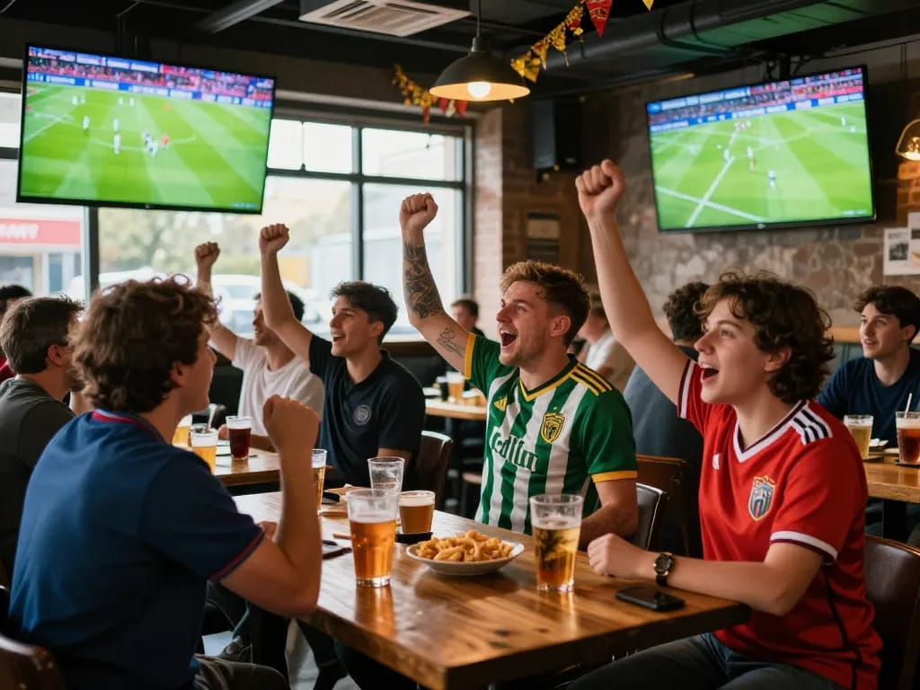 Fans enjoying ดูบอล at a lively pub celebrating their favorite teams with excitement and camaraderie.