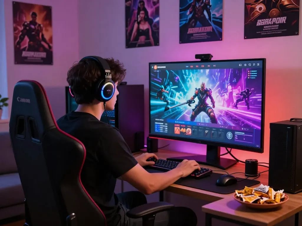 Gamer immersed in browser-based porn games with vibrant visuals, relaxed living room ambiance, and snacks.