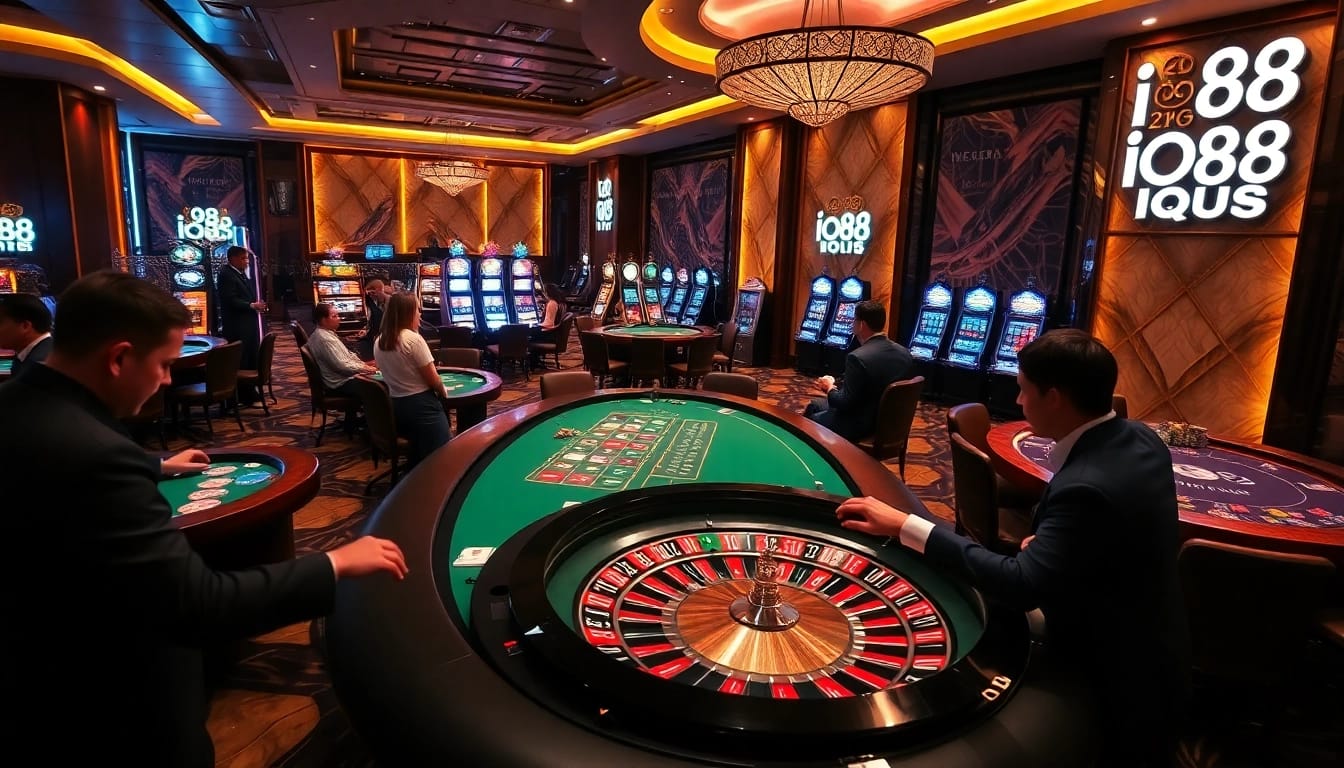 A high-stakes gaming scene featuring iq88 with roulette and poker tables, showcasing vibrant casino excitement.