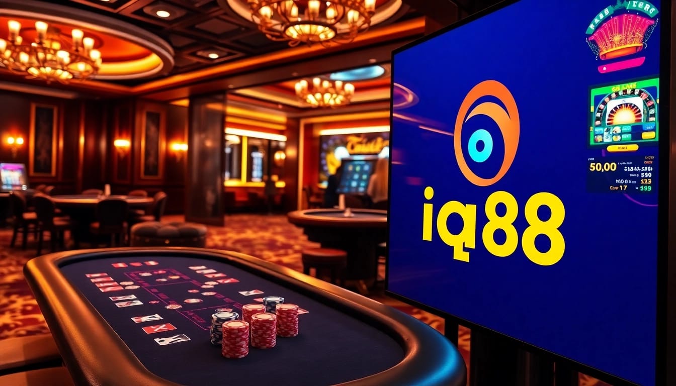 Experience iq88's luxurious casino atmosphere with poker tables and slot machines.