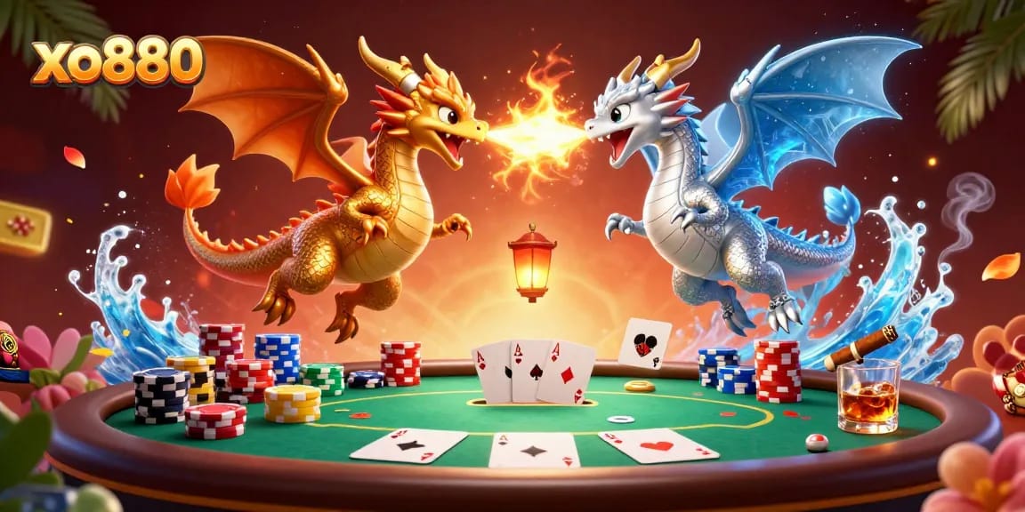 Engage with xo880 at a vibrant online casino showcasing dragons and poker elements