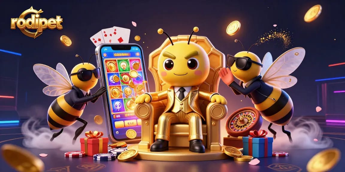 Engage with rodipet’s vibrant 3D casino-themed scene featuring a buzz of excitement and fortune.