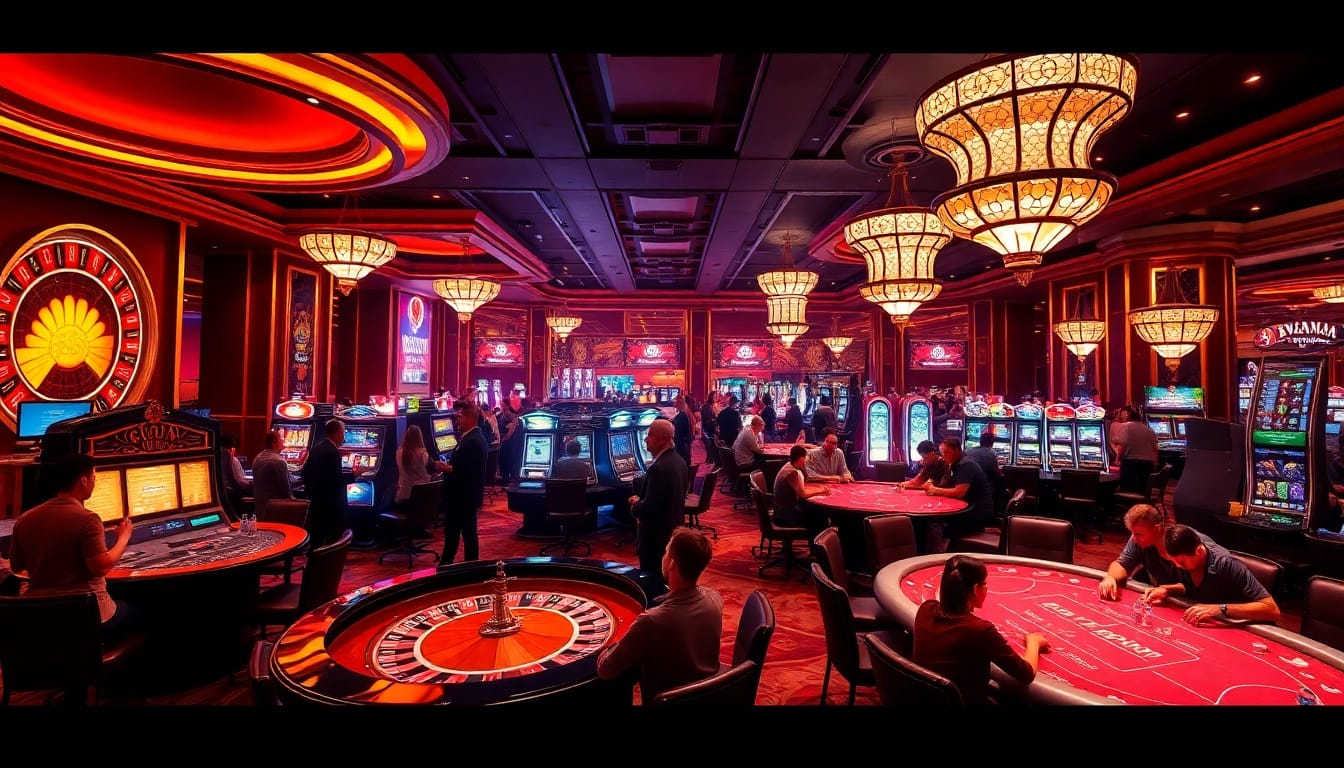 Players enjoying a thrilling game night at 8DAY.COM casino, featuring roulette, slots, and poker tables.