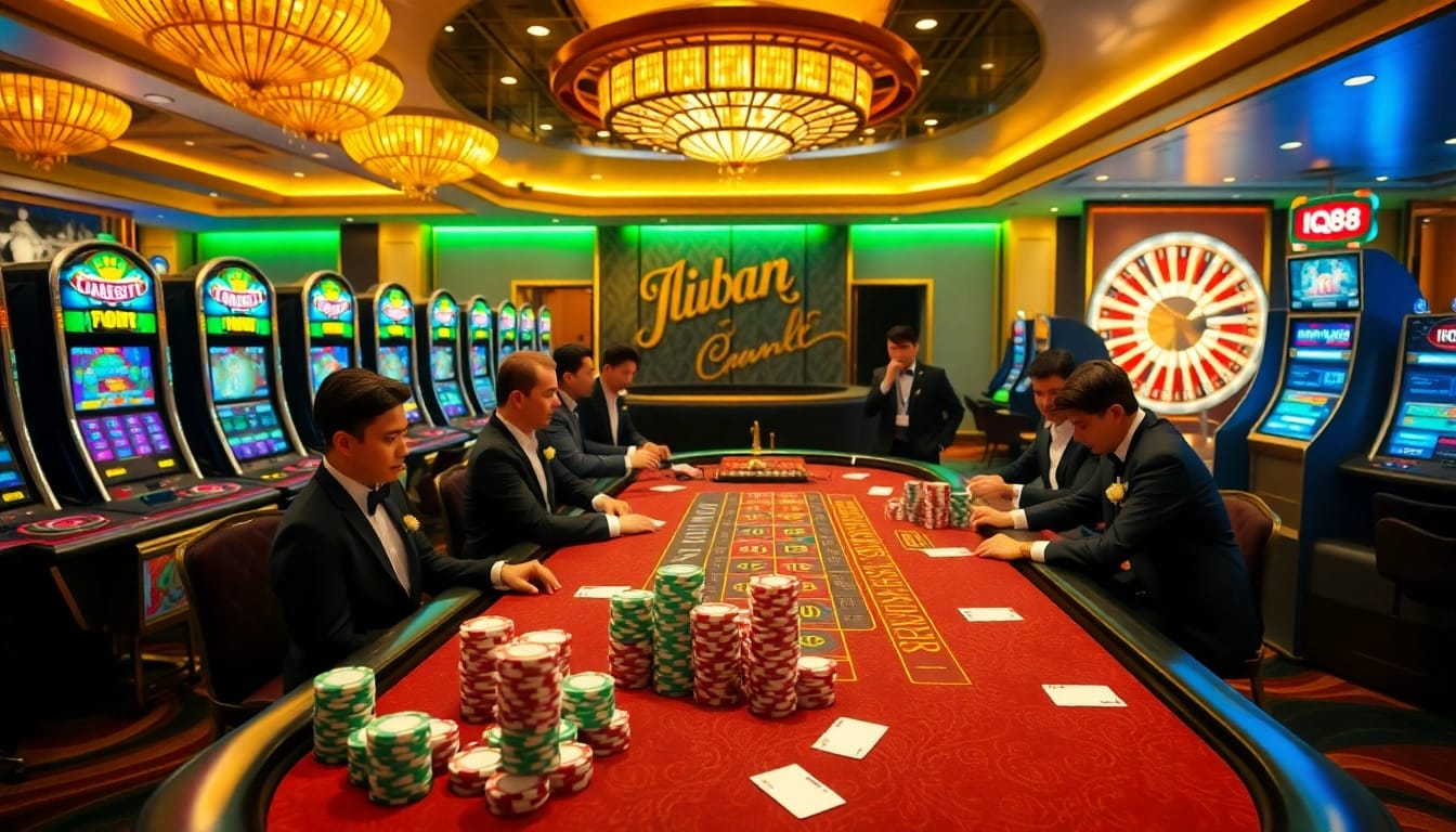 Experience the thrilling atmosphere of IQ88 casino with vibrant tables and professional dealers.