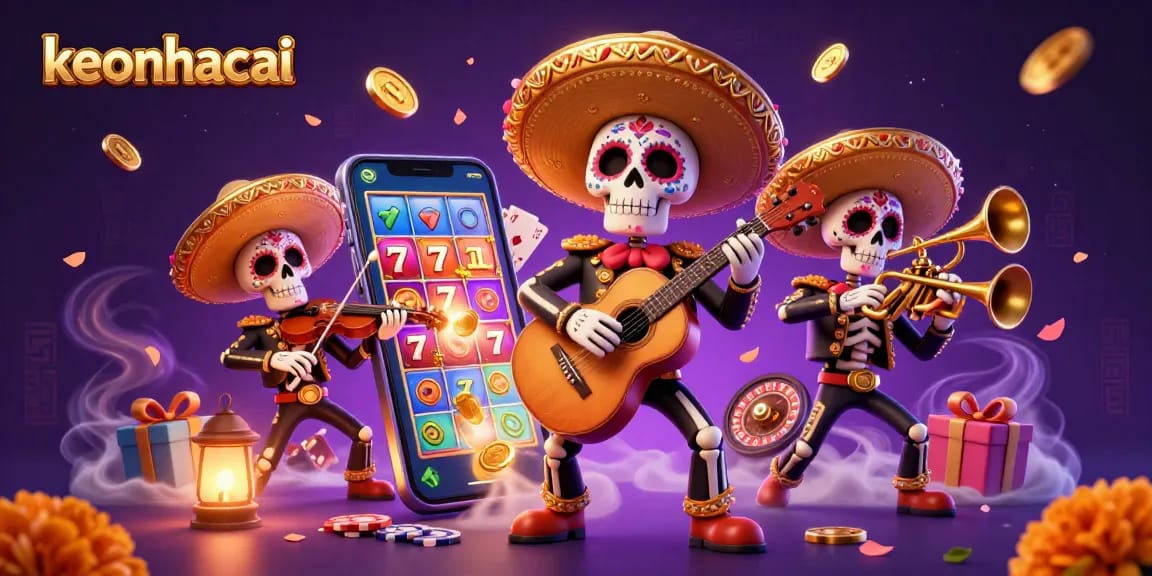 Engage with keonhacai through a vibrant scene of a mariachi band in a casino setting with slots and games.