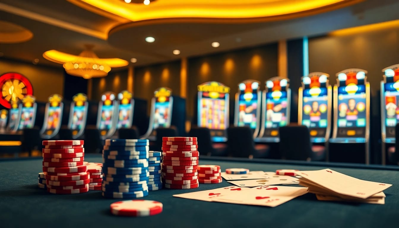 Experience high-stakes gambling at ZX88 with vibrant poker chips and a stylish casino table.