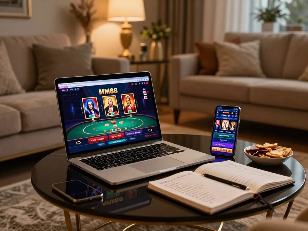 Engaging players on MM88 online casino gaming interface in a cozy living room setup.