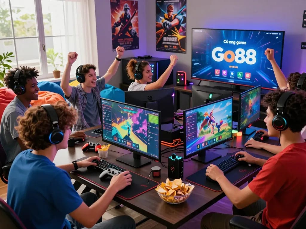Cổng game Go88 players enjoying a lively gaming session with friends in a colorful setup.