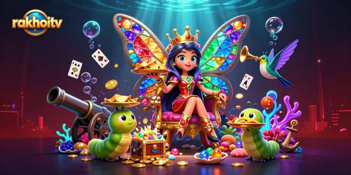 rakhoitv features a butterfly queen in a vibrant 3D gambling-themed scene full of treasure and excitement