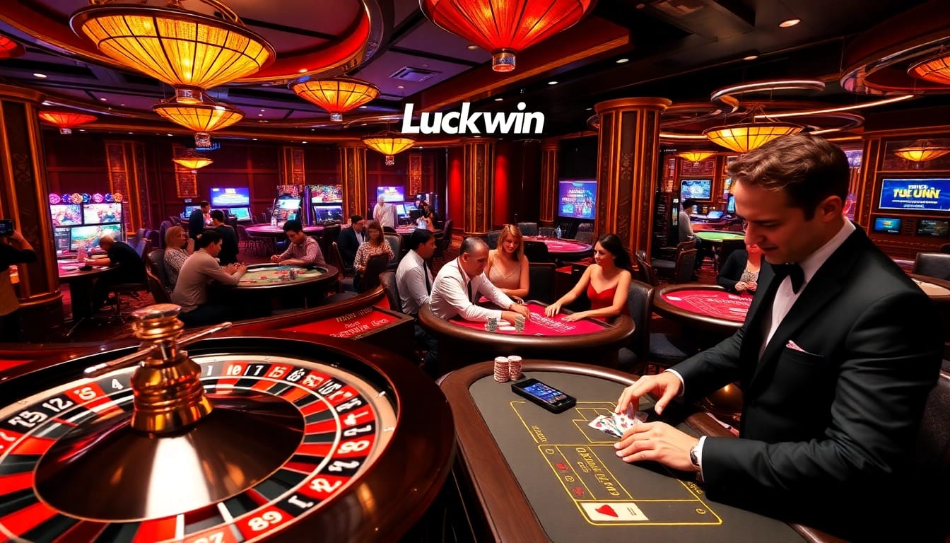Gamblers enjoying thrilling games at Luckywin casino with vibrant chip action.
