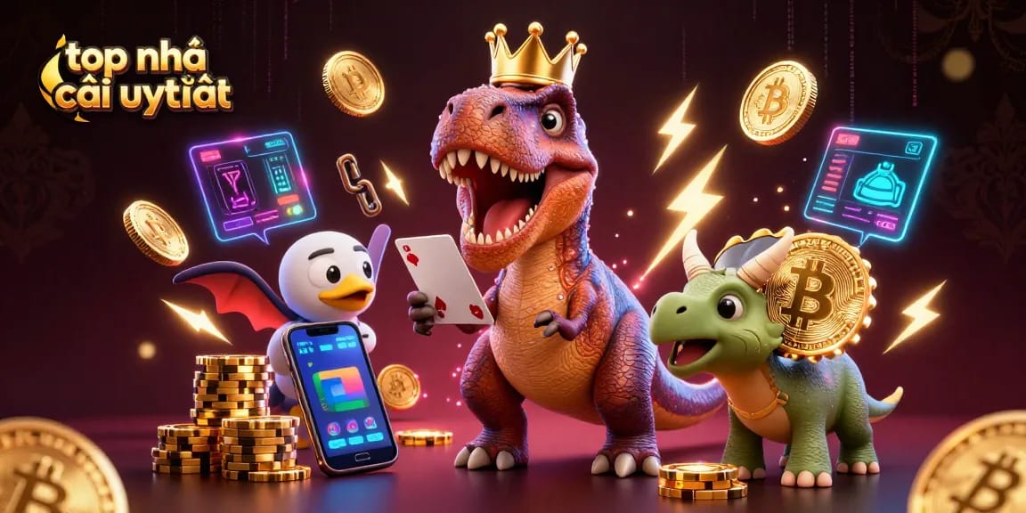 Playing cards with a T-Rex, highlighting top nhà cái uy tín in a vibrant casino scene.