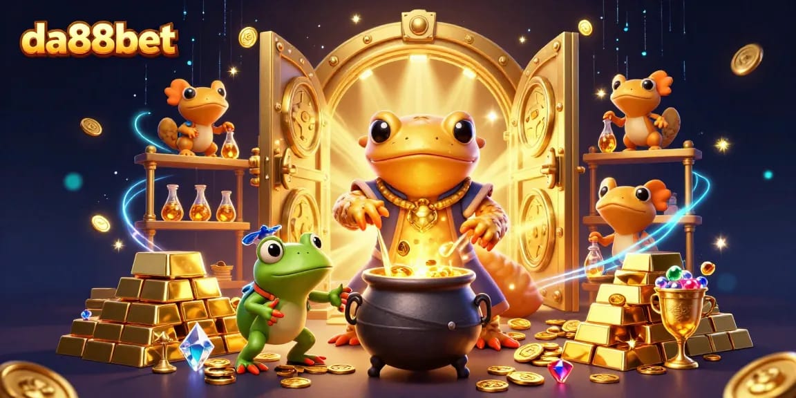 Experience golden wins with da88bet's enchanting alchemist and lively characters in a magical casino scene.
