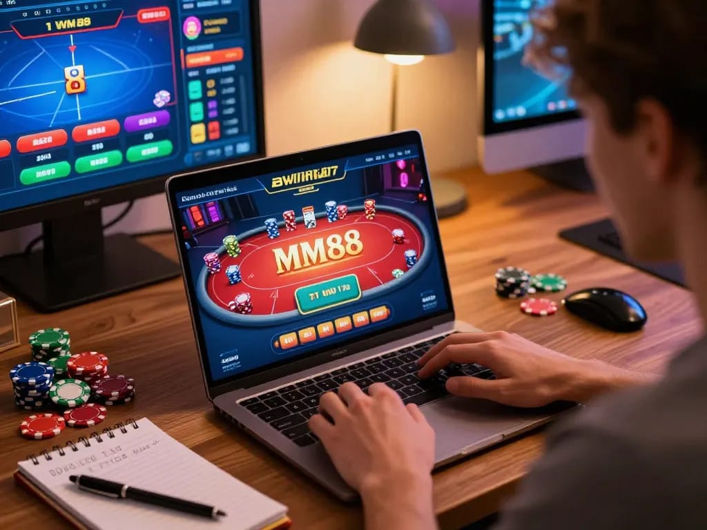 Engaging poker gameplay on MM88 platform, showcasing laptop screen with vibrant graphics and chips.