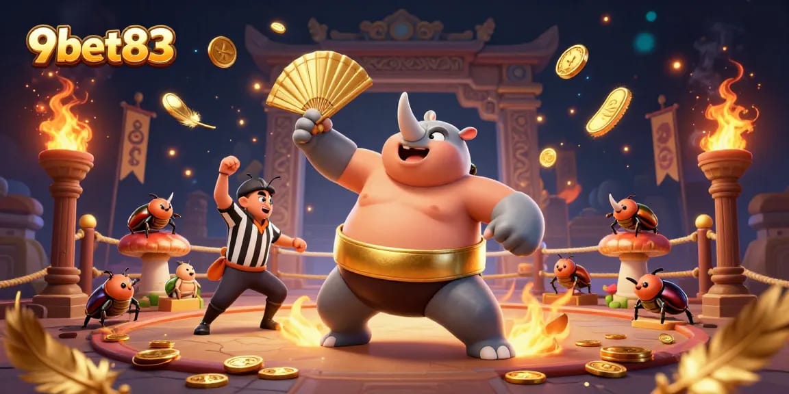 Engage in thrilling gameplay at 9bet83 with a colorful 3D scene featuring a sumo beetle champion and dynamic casino elements.